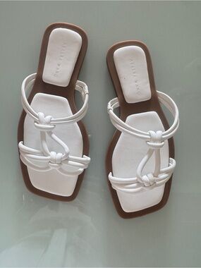 Azelea  Wang White Knotted Leather Slide Sandals